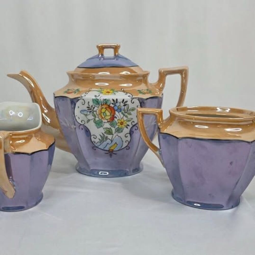 Vintage Takito Japan Lusterware Tea Set | 3 Pc Peach Blue Floral | 1920s-1940s - Picture 4 of 10